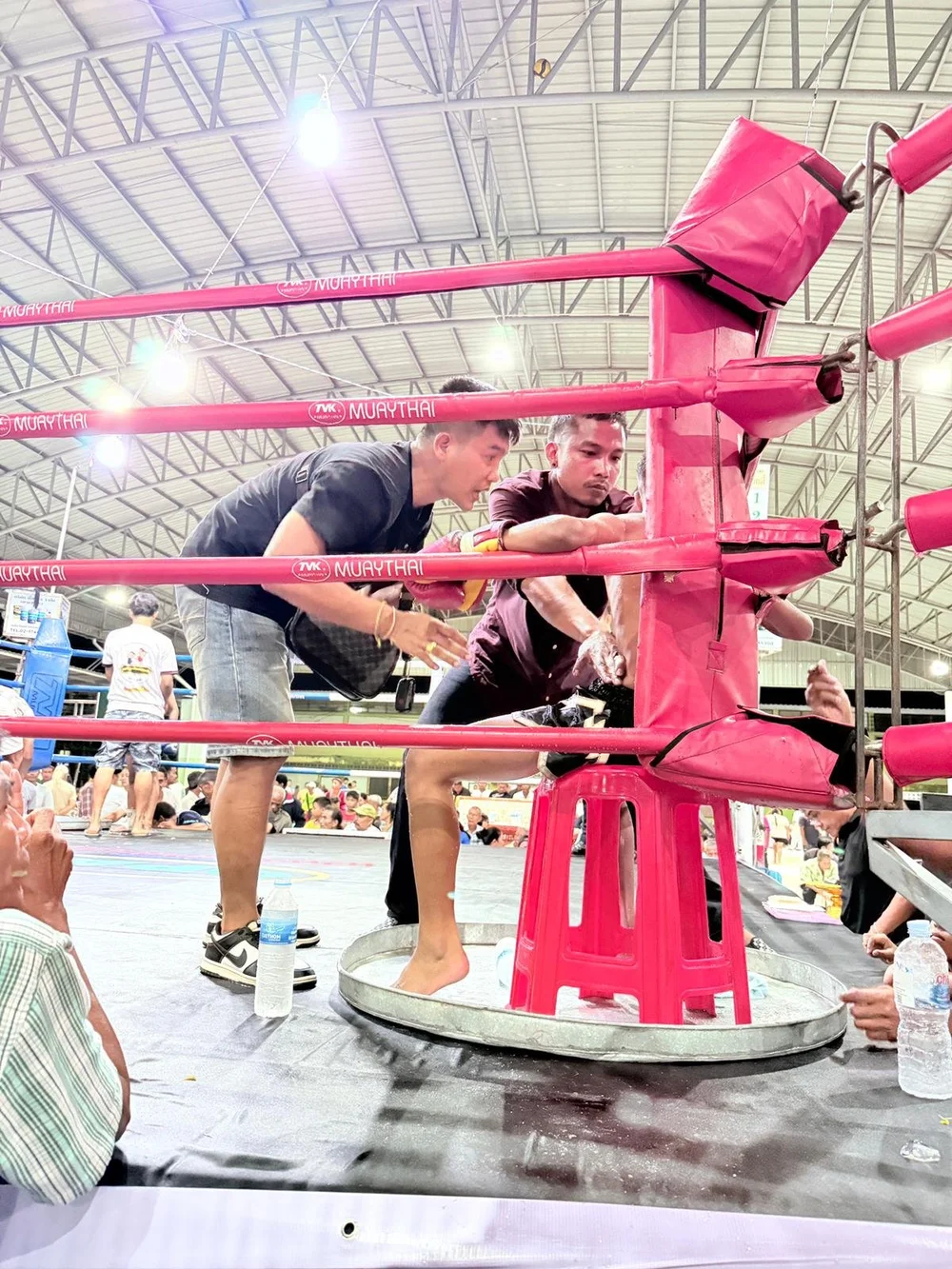 Ring crew preparing a fighter between rounds