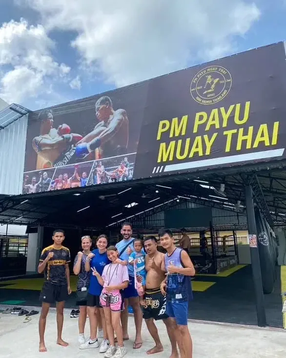 Students outside PM PAYU Muaythai gym entrance, Koh Samui